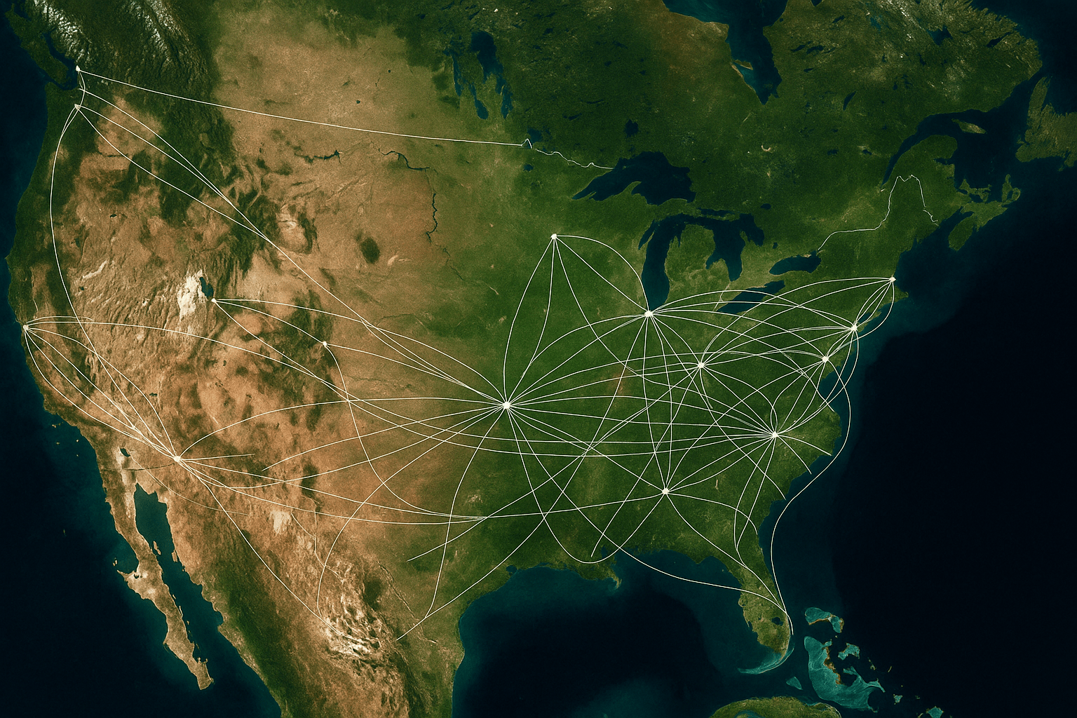 Satellite map of the United States displaying domestic airline routes originating from major American Airlines hubs.