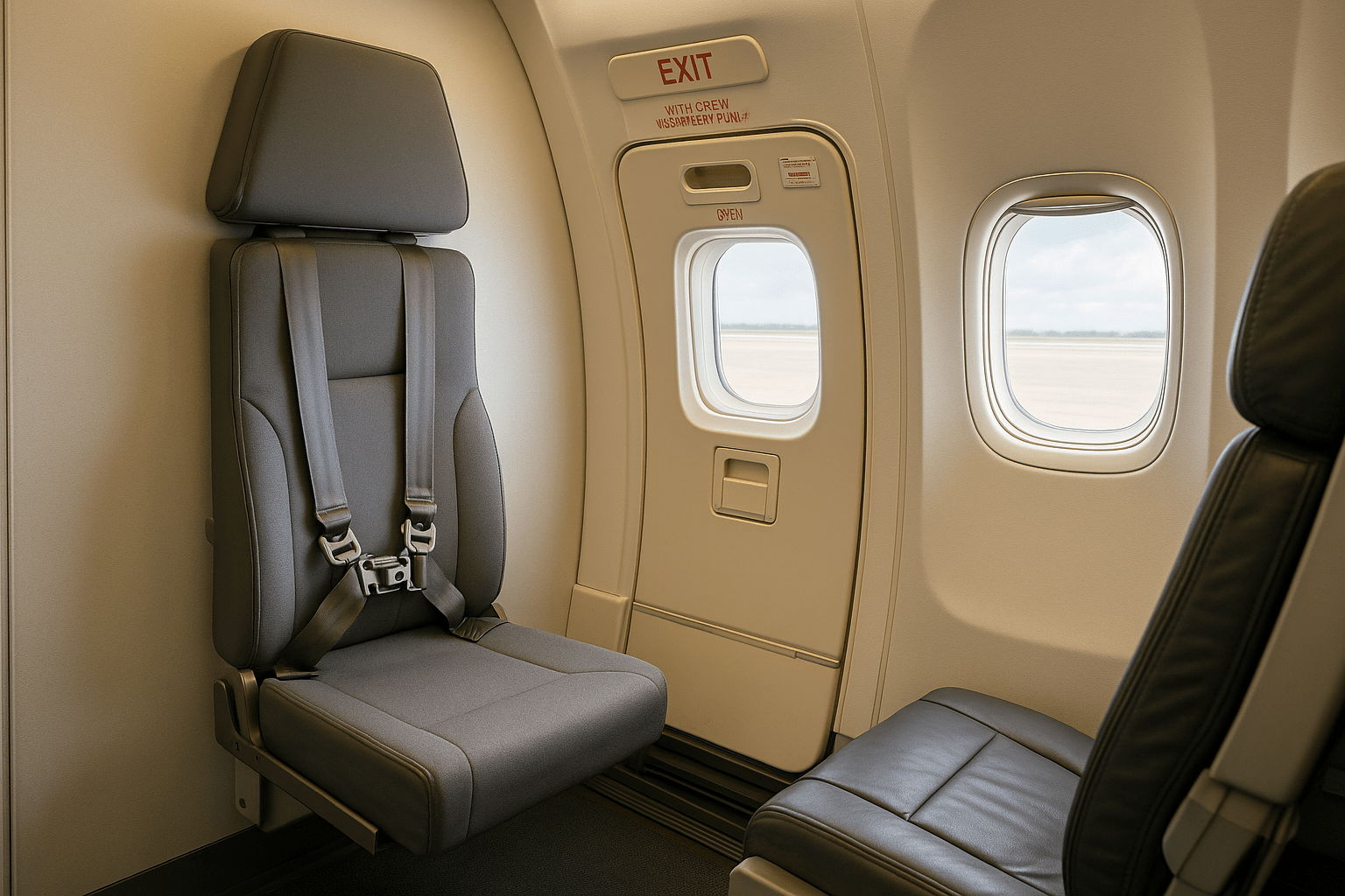 Empty flight attendant jumpseat on a commercial jet next to the aircraft exit door, with runway visible through the windows under soft daylight.