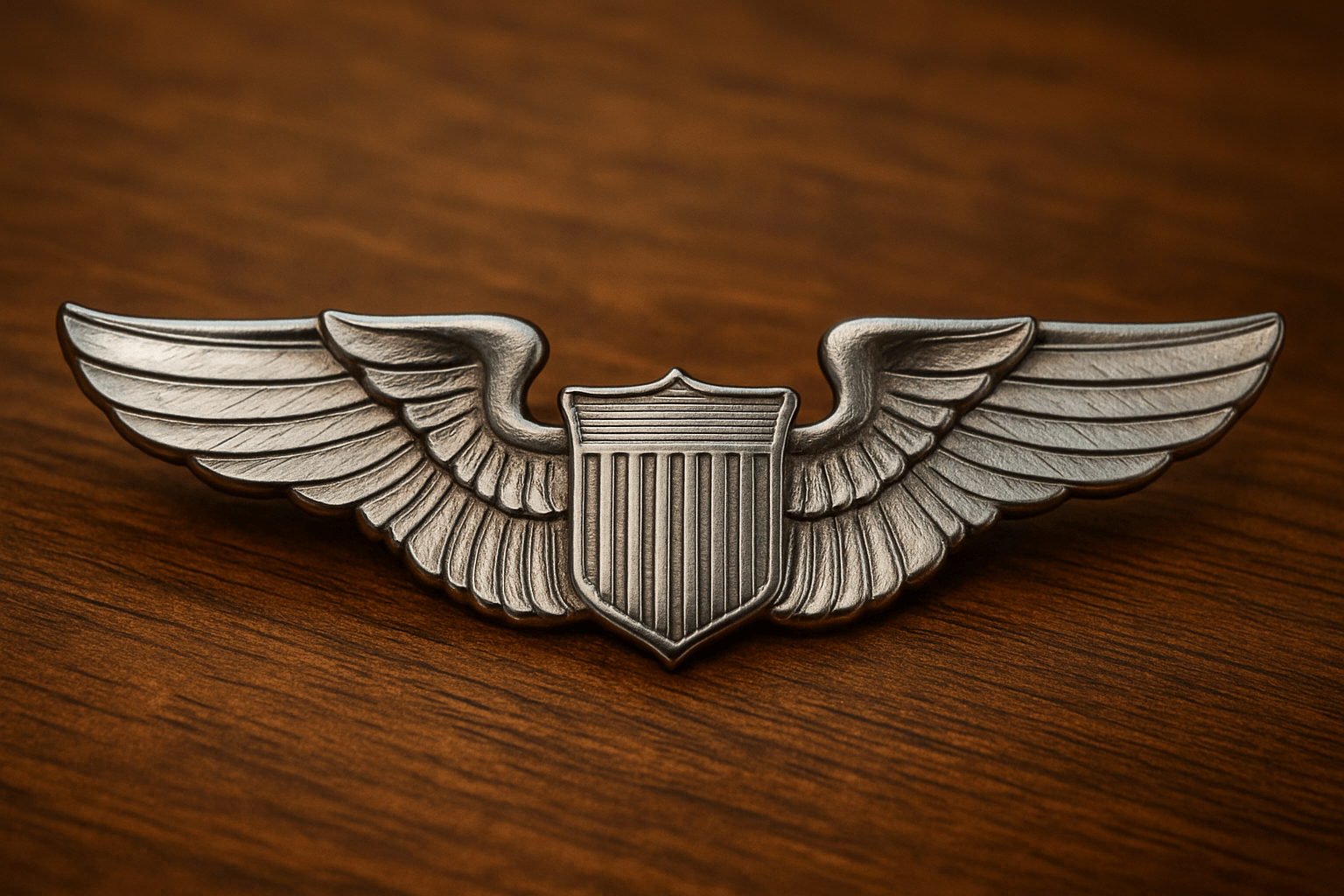 United States Air Force Pilot Wings badge resting on a polished wooden surface, showcasing detailed craftsmanship and military symbolism without the traditional eagle head.